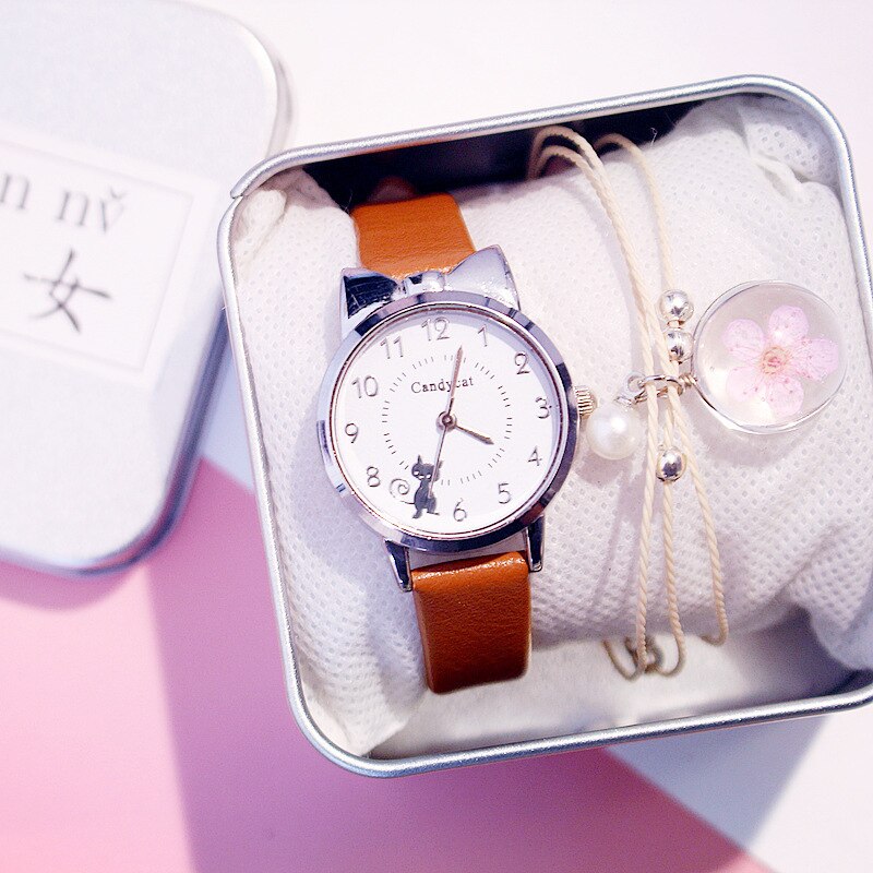 freundlicher Uhren Studenten freundlicher Rosa Uhr Mädchen Art Stunden Schwarz Katze Quarz Armbanduhr Mädchen Uhren freundlicher uhren: Braun Nein Kasten