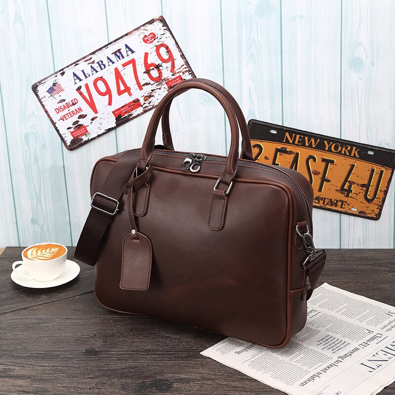 Bruine laptoptas, leren herentas, pu aktetas, zakelijke tas, computertas, werktas, kantoortas, schoudertas, messenger bag, vintage 0093