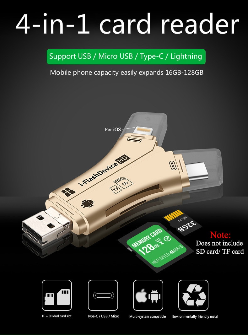 4 in 1 USB Micro SD TF Memory Card Reader Adapter For iPhone