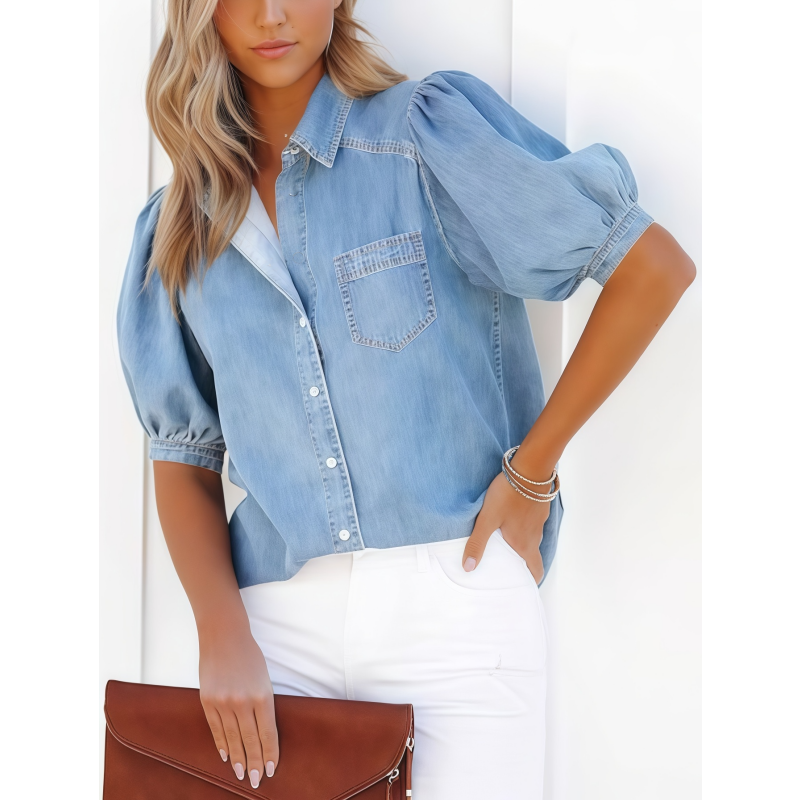 Naisten rento lyhythihainen paita, väljä istuvuus, napitettava pusero, kevyt ja hengittävä, kesäinen toppi, toimistotyylinen, työvaate