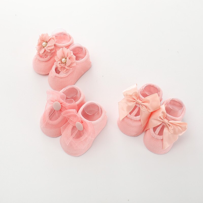 BalleenShiny 3 Pairs Bowknot Socks Baby Girls Princess Lace Flower Short Socks Child Kids Soft Cotton Socks For: Pink / S 0-1 year baby