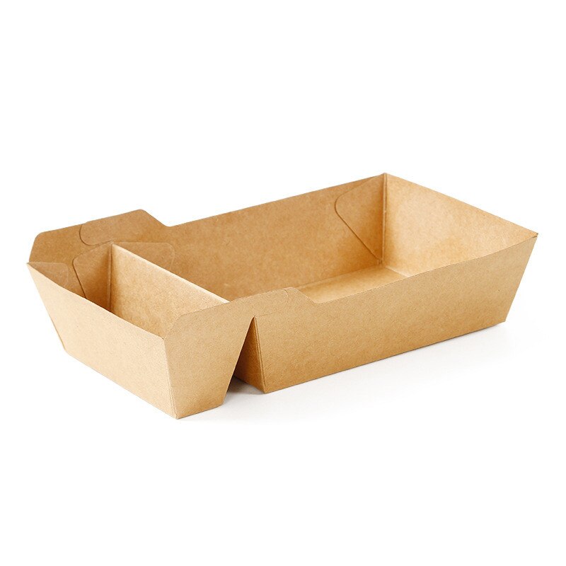 50pcs Disposable Kraft Paper Food Serving Tray Two Grids Snack French Fries Chicken Salad Carton Take Out Containers For Party