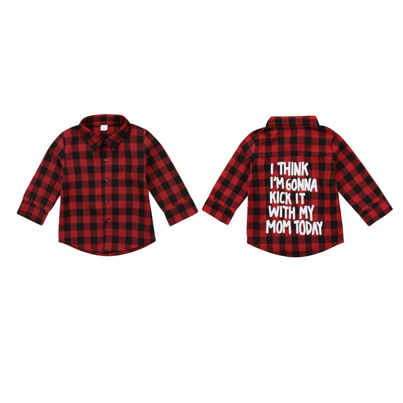 Casual Cotton Newborn Toddler Baby Boy Girls Long Sleeve Turn-down Collar Plaid Red Shirts Back Letter Outfit 2-7Y
