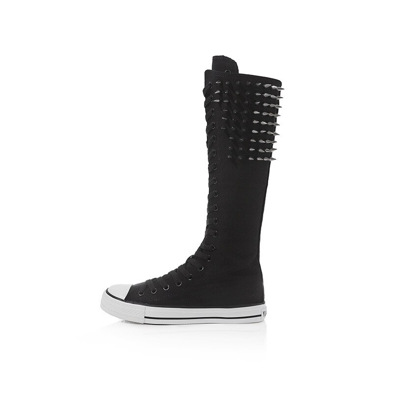 Ryamag-Botas planas de lona con remaches para mujer, calzado con cordones y cremallera, vulcanizado, Botas Largas, Punk,: Black / 34