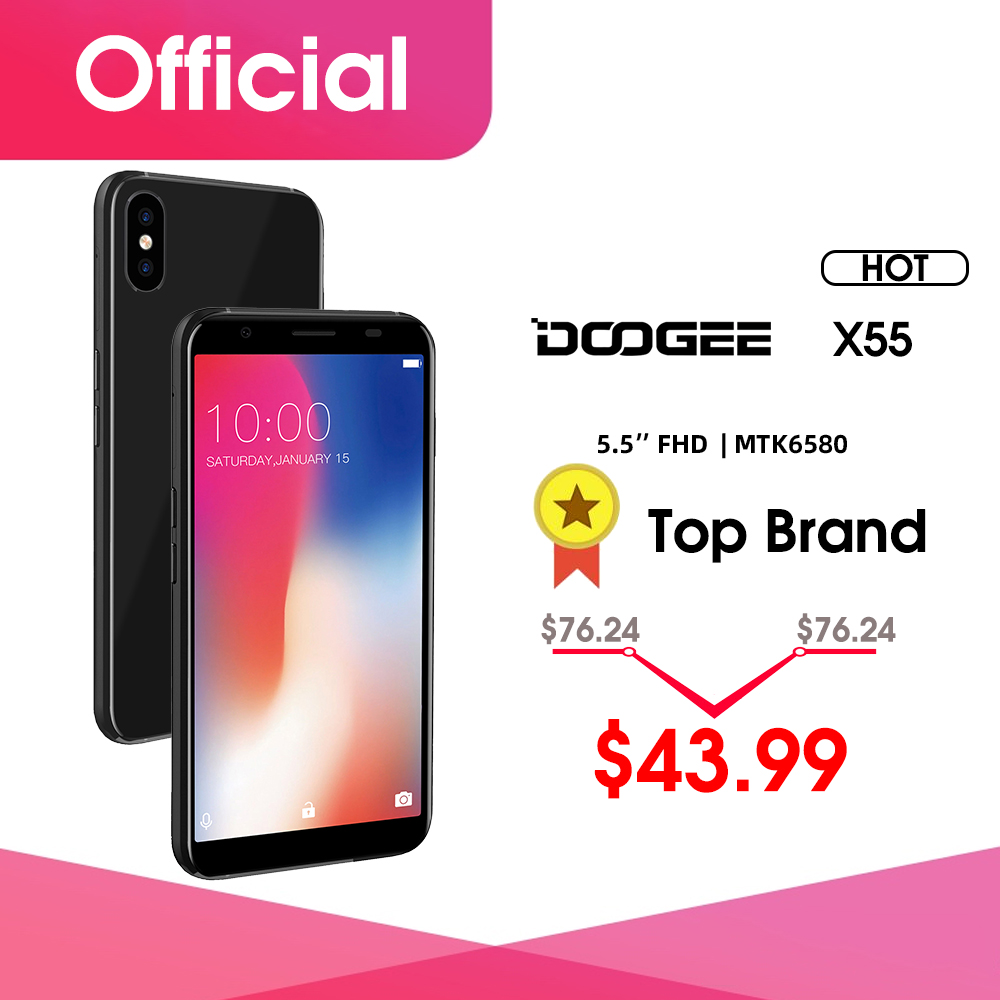 DOOGEE X55 Smartphone 5.5 ''18:9 HD MTK6580 Quad Core 16GB ROM double caméra 8.0MP Android 7.0 2800mAh empreinte digitale latérale