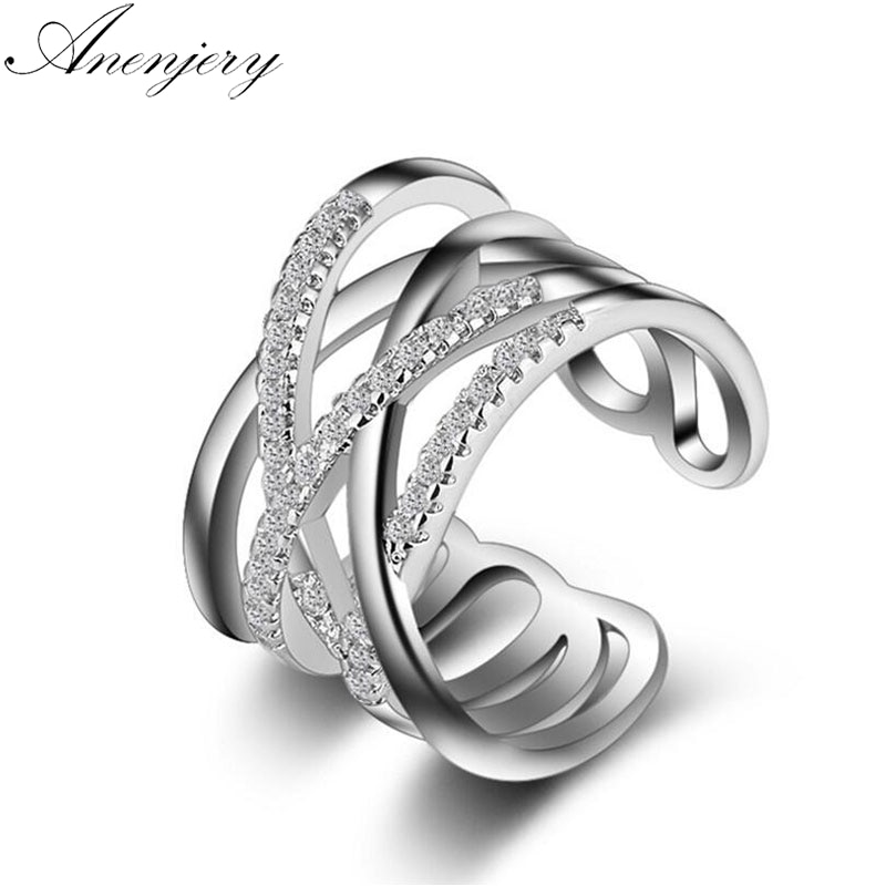 Anenjery Zilveren Kleur Koper Koreaanse Stijl Opening Ringen Multi-layer Lijn Kruis Mozaïek Zirkoon Ringen Voor Vrouwen Sieraden S-R243