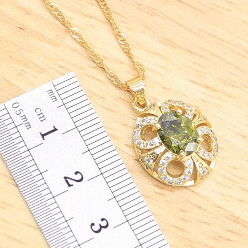 Neue Olive Green Zirkon Gold Farbe Schmuck Sets für Frauen Ohrringe Halskette Anhänger Ringe Box