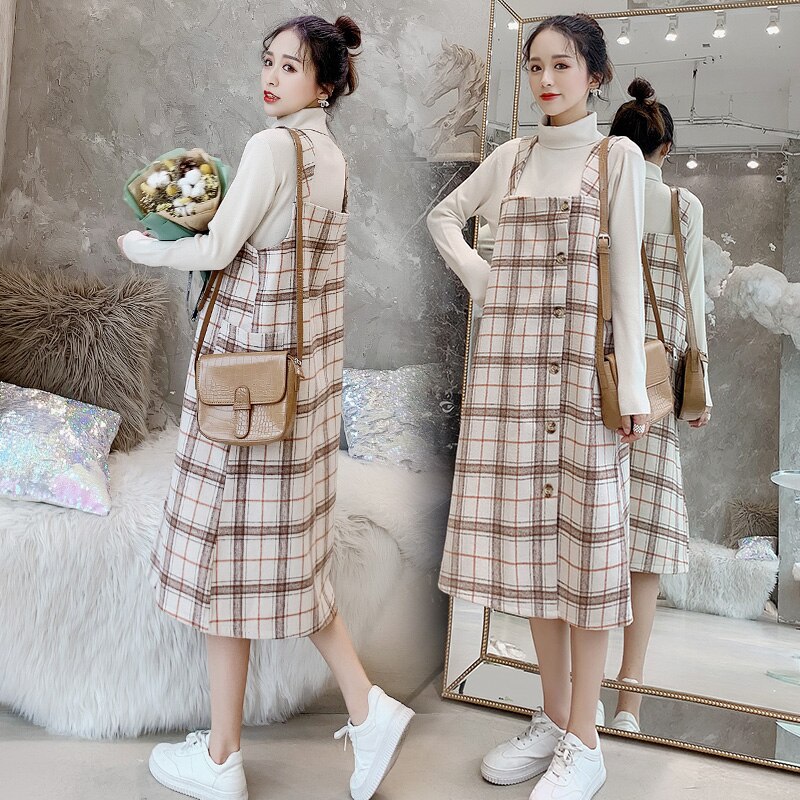 9445 # herbst Winter Mutterschaft Kleid Anzüge hoch Nacken Gestrickte Hemden + Plaid Panzer Kleid setzt Kleidung für Schwangere Frauen schwangerschaft