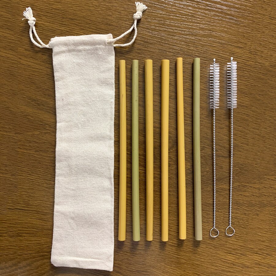 13/11/9/6-Pack Houten Bestek Bestek Set Bamboe Stro Servies Set Met Doek Tas Messen Vork lepel Reizen: 6pcs Straws