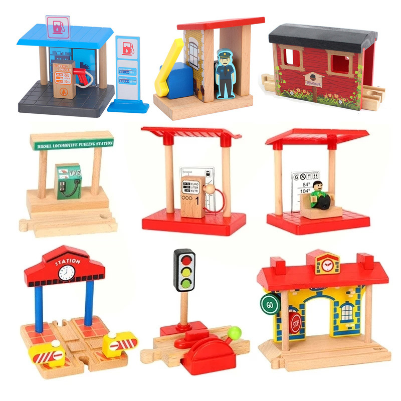 Wooden Train Tracks Scene Accessories Wooden Double Platform Gas Station Airplane Airport Educational DIY Toys For Children