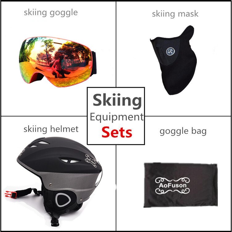 Ski Apparatuur Set Helm Met Goggle Veiligheid Integraal Gevormde Plus Size Plus Fluwelen Helm Dubbele Lagen Anti-Fog bril: Red Frame / 59cm-61cm