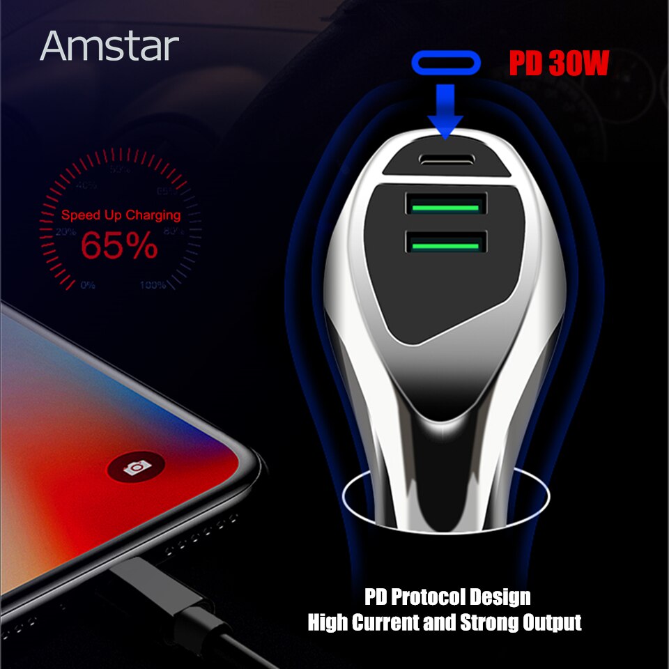 Amstar-cargador USB de teléfono móvil para coche, dispositivo de carga rápida de 48W, 4,0, 3,0, para iPhone, Xiaomi, Huawei, QC4.0, QC3.0, tipo C, PD, 30W