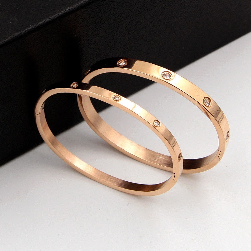 Mode Fijne Elegante Titanium Staal Plating 14K Real Gold Paar Armbanden Voor Vrouwen Sieraden Micro Inlay Zirconia Anniversary