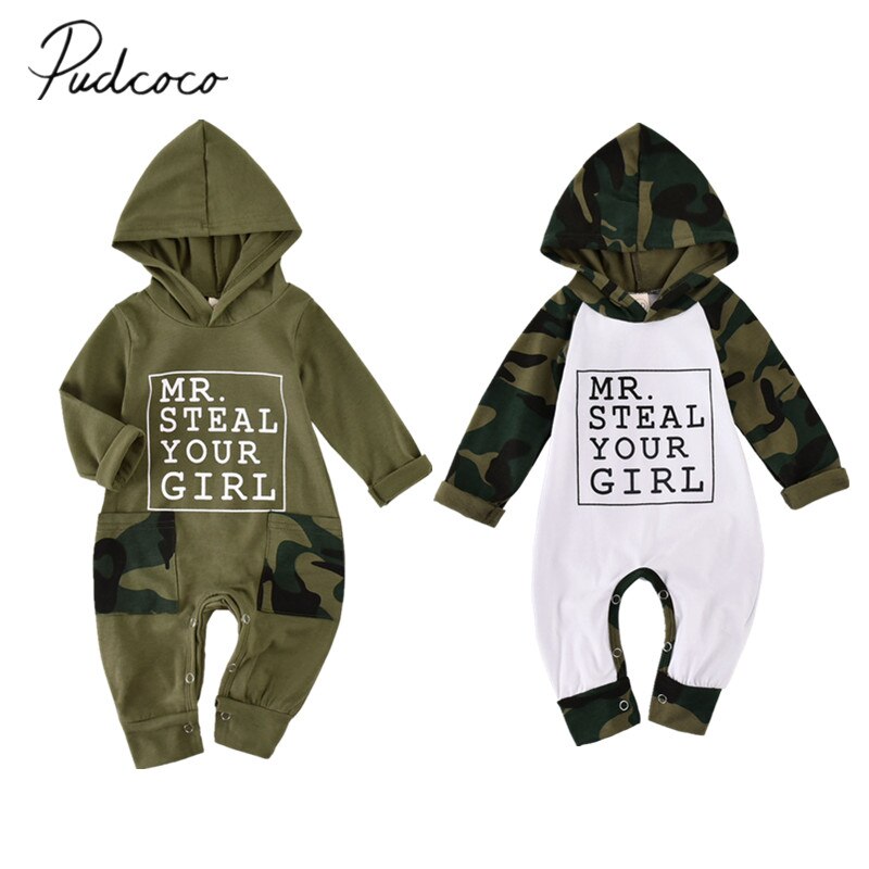 0-18M Infant Baby Boys 100% Cotton Romper Floral Print Long Sleeve Hooded Jumpsuit Spring Autumn Playsuits Army Green/White