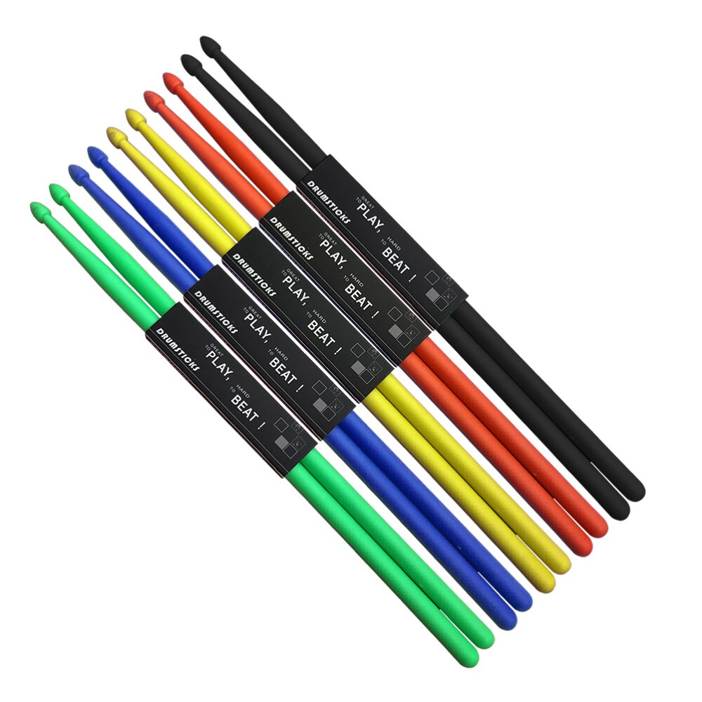 5 Pairs of Nylon Drumstick Drum Sticks Set Wood Tip Drumstick Percussion Lightweight (Yellow Red Green Blue Black)