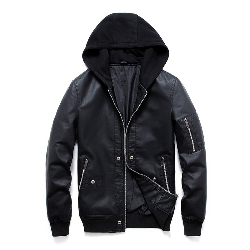 Leren jas heren gebreide pu-jassen met capuchon slim fit trend leren herenjas jaqueta de couro masculina