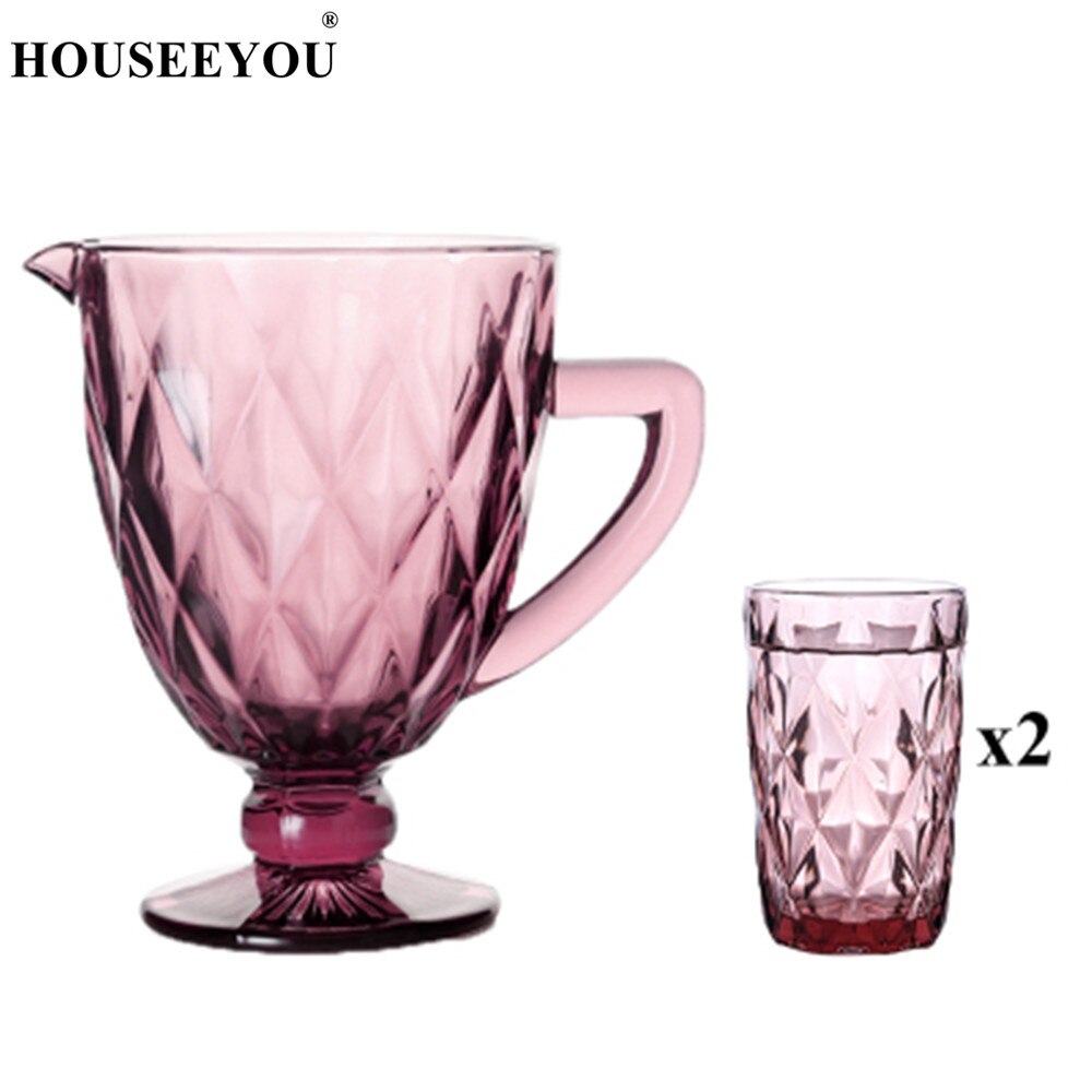 Houseeyou 1pc koldtvandskande  + 2 stk udskåret glaskop europæisk retro krystalvand vinkop drikkebar restaurantværktøj: Rød diamant