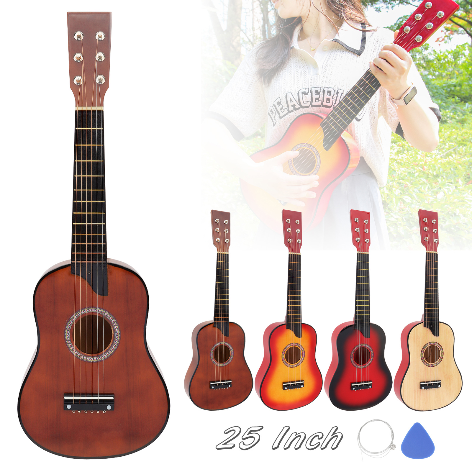 25 tommer 4 farver basswood akustisk guitar med pick-strings legetøjsguitar til børn og begyndere