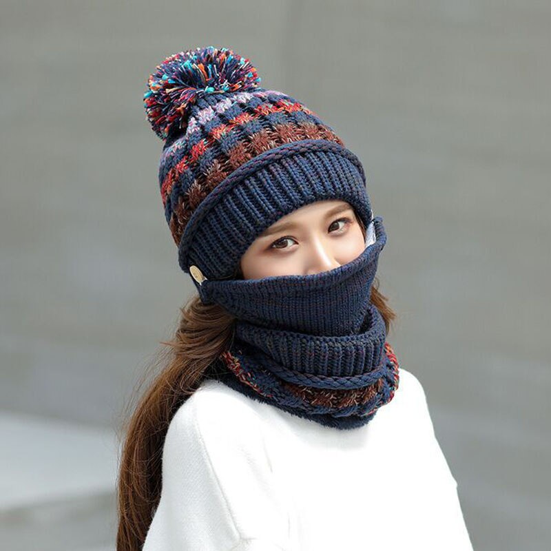 Neue Winter Plus samt gestrickte Hütte, schal, maske, drei-stück anzug, reiten winddicht gesicht und ohr schutz dicken woll Hütte: Blau