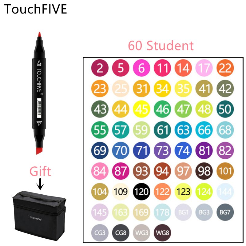 TouchFIVE-rotuladores de fieltro con Alcohol, bolígrafos de doble punta permanente para artista, suministros escolares de arte, marcadores para bocetos de Manga, 30/40/60/80: 60 Color Students