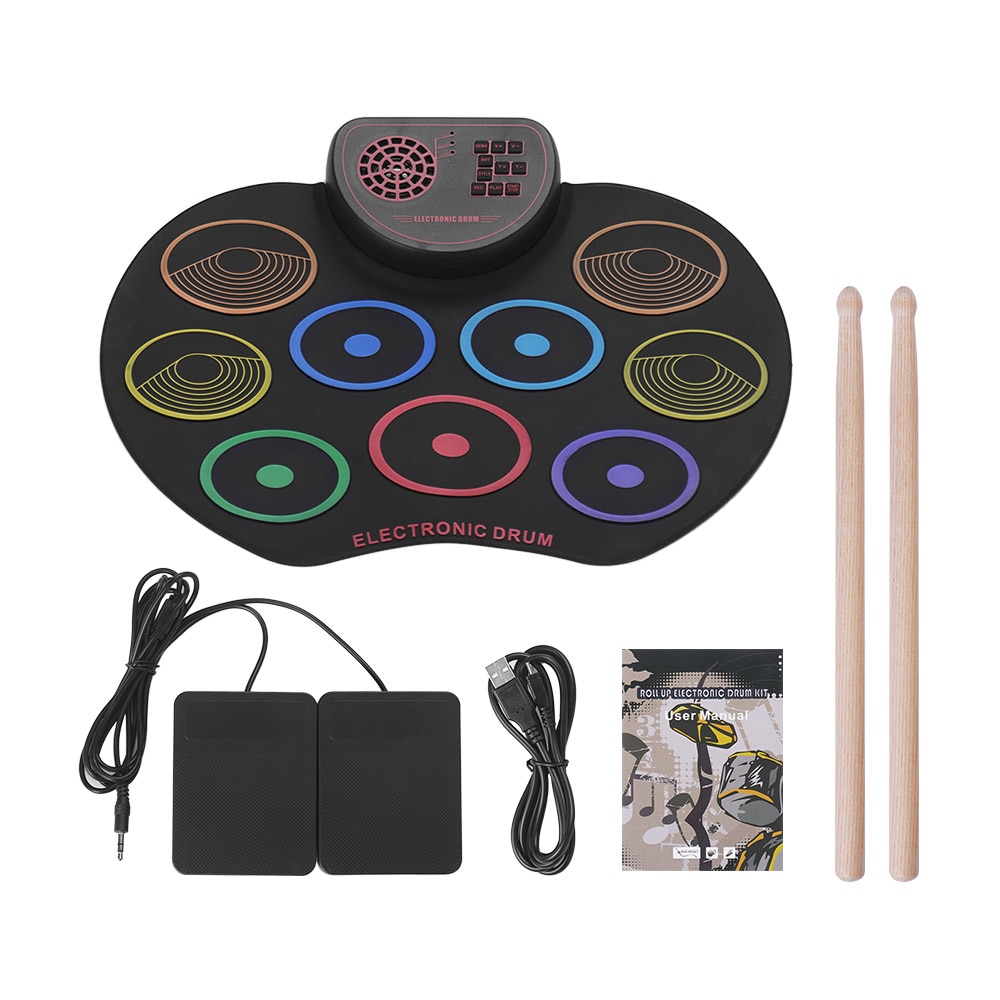 Elektronische Drum Set Usb Roll Up Drum Pad Kit 9 Drumpads Ingebouwde Luidspreker Met Stokken Voet Pedalen Digitale Slaginstrumenten: Multicolor