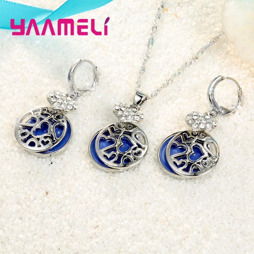 Conjunto de joyería de plata de ley 925 para mujer, collar y pendientes con forma de corazón azul profundo, de San Valentín, boda