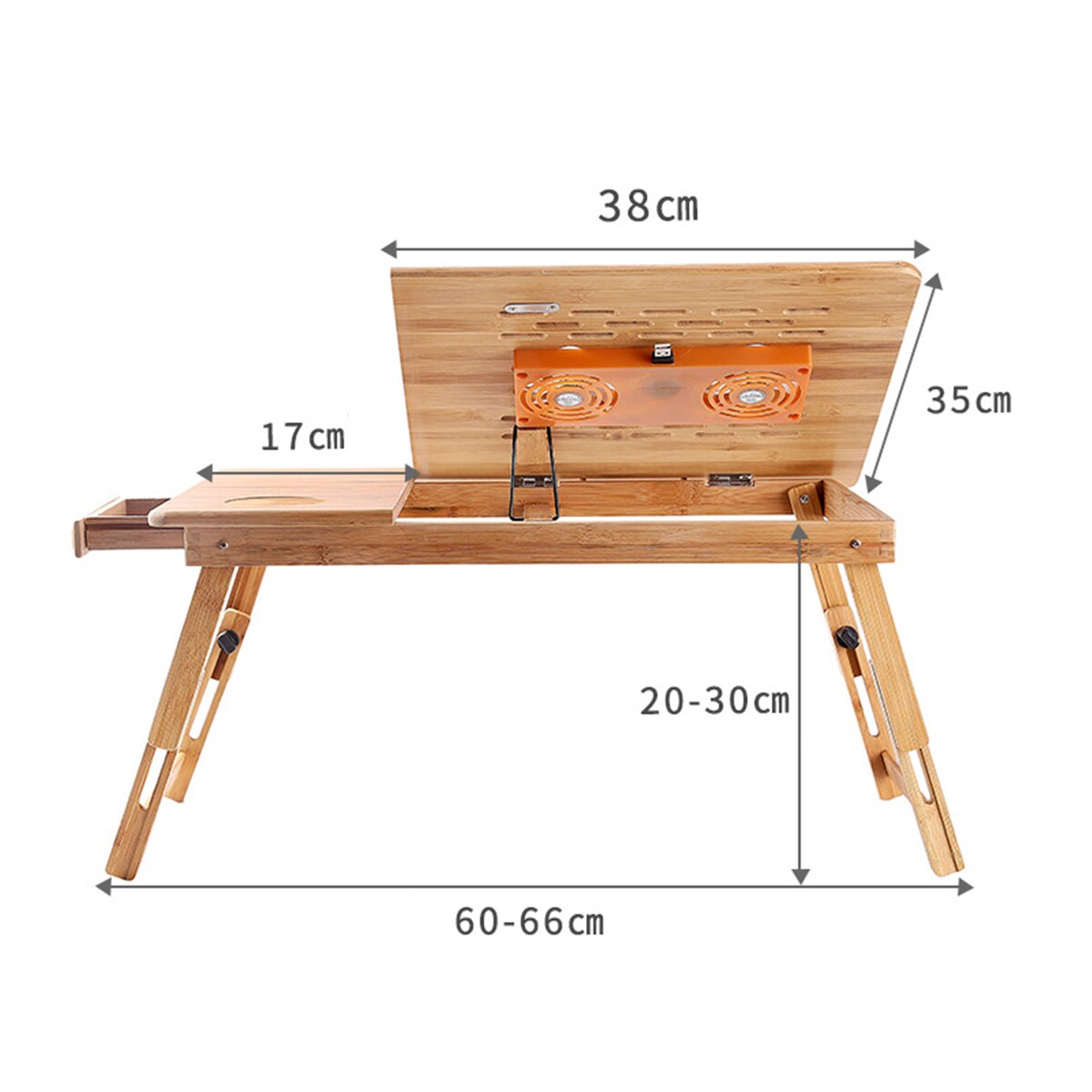 Foldable Bamboo Notebook Laptop Desk Stand Bed Tray Table Height Adjustable with 4 Angles Tilting Top Cooling Fan Drawer
