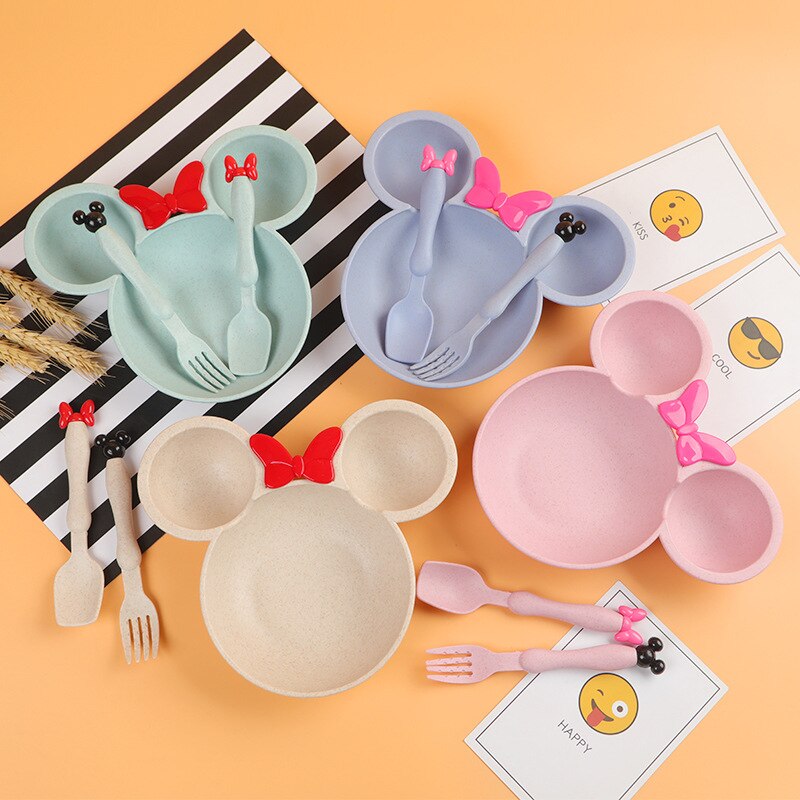 Tarwe Stro Baby Diner Kom Kinderen Cartoon Servies Set Kid Diner Plaat Baby Training Kom Lepel Vork Set