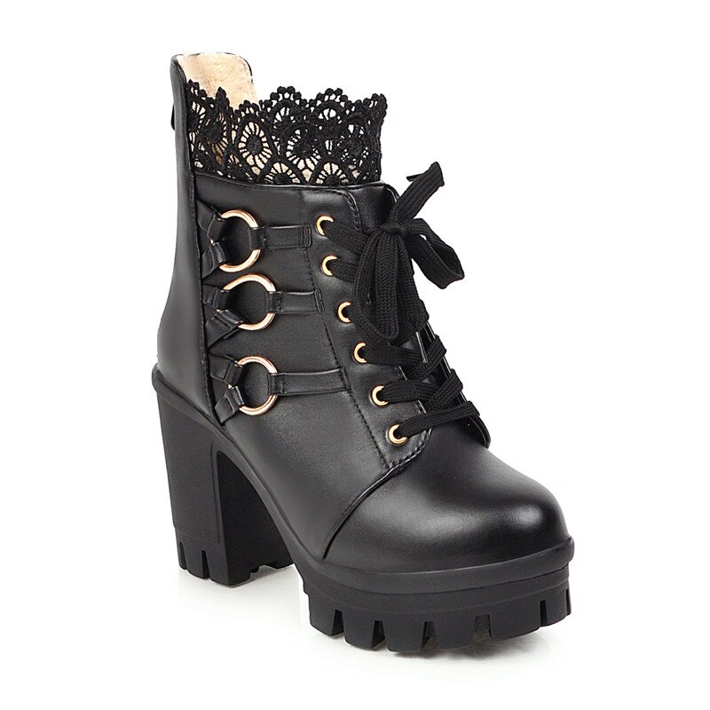 Morazora hoge hakken plateau laarzen dames vetersluiting rits herfst winter feest bruiloft schoenen schattige enkellaarsjes dames: Zwart / 5