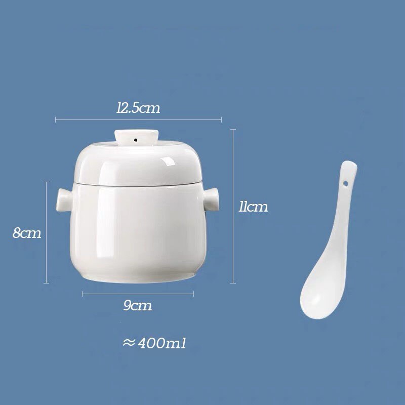 Ceramic Bird's Nest Porriage Egg Stew Pot With Spoon Stew In Water Jar One People Use 460/600ml Soup Pot Double Ear: A 400ml