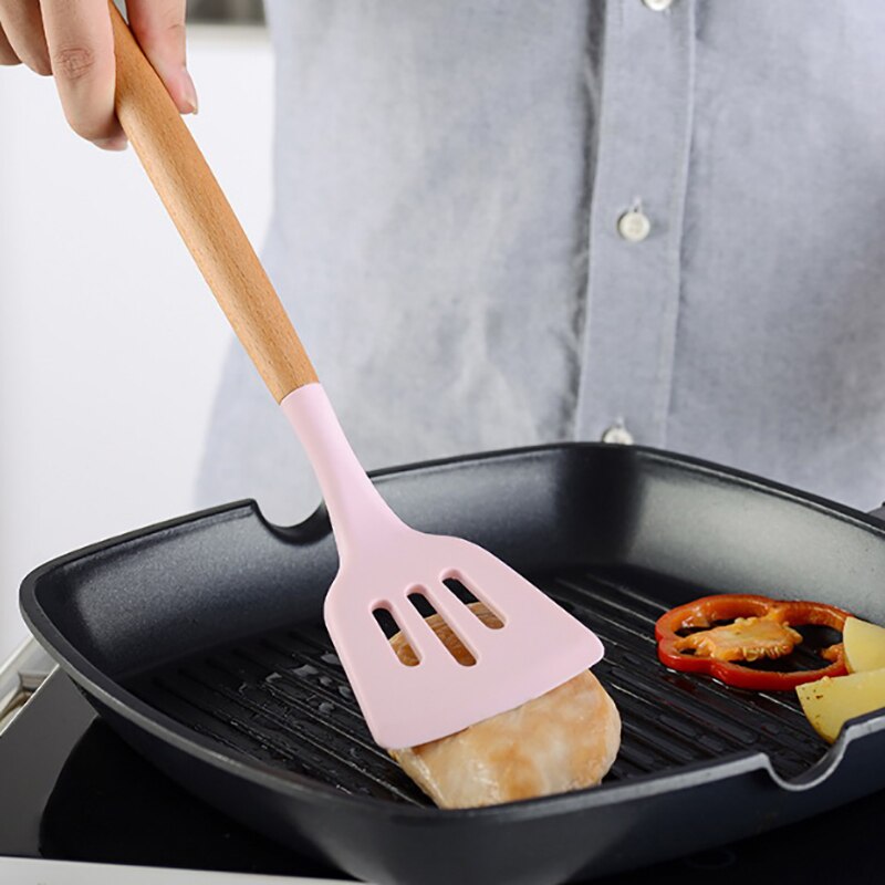 Food-Grade Non-Toxic Silicone Cooking Utensils Set Non-Stick Spatula Shovel Wooden Handle Cooking Tools Set