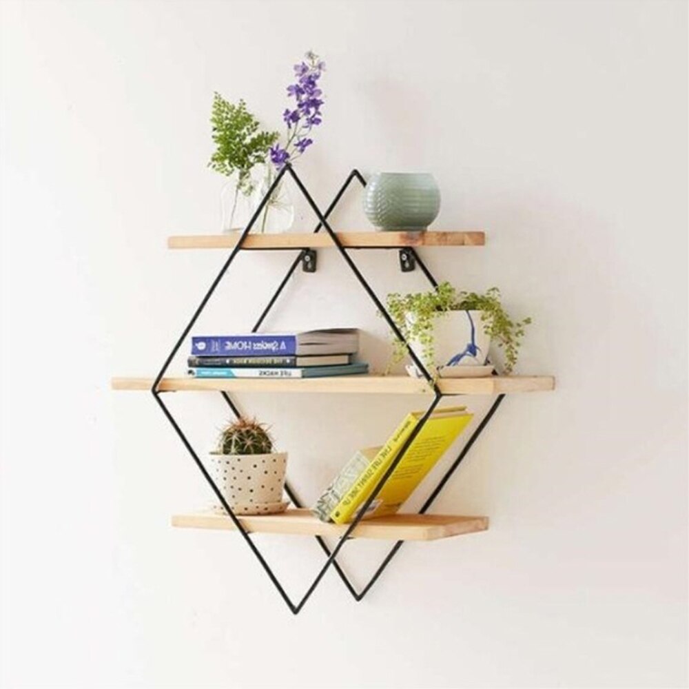 Étagère murale en forme de losange métallique, à 3 niveaux, étagère de rangement pour unité murale rétro en bois, Style industriel, noir