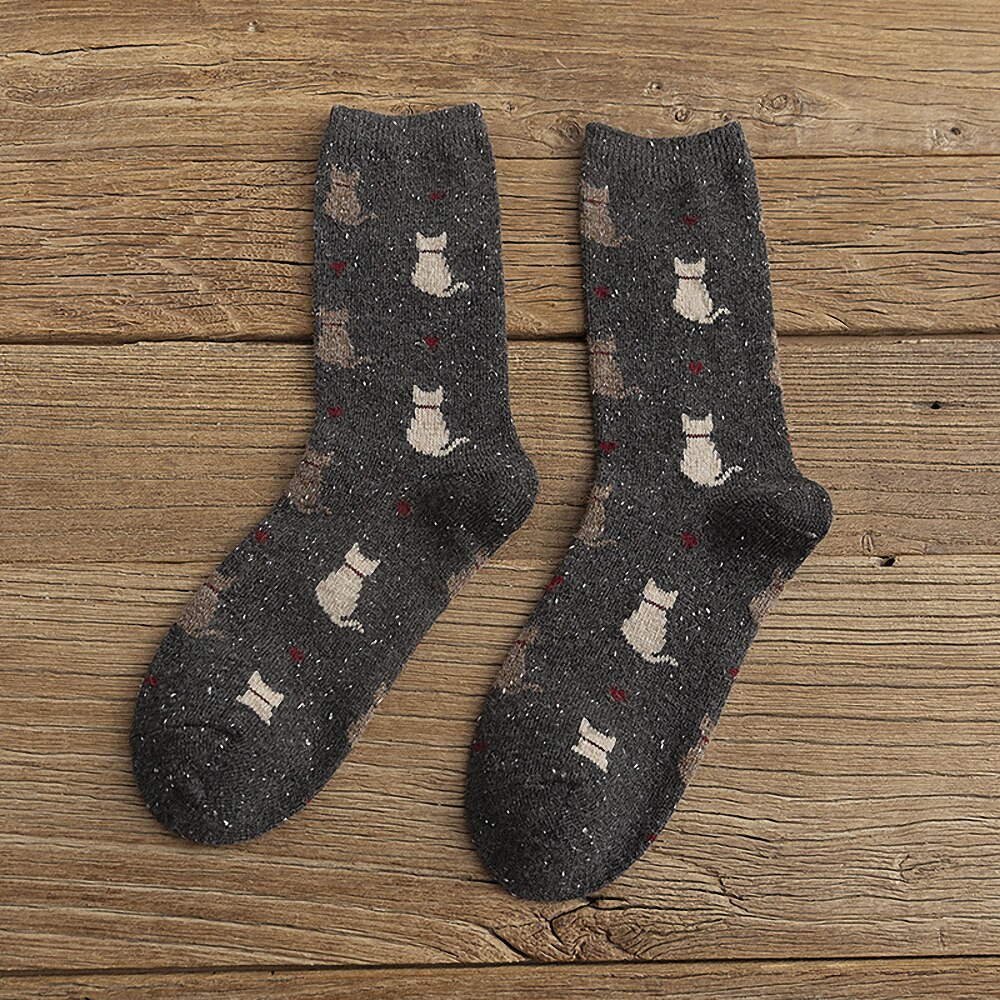 Calcetines con estampado de gato para mujer, medias de lana gruesa y suave con dibujos animados, accesorios de ropa cálidos para Otoño e Invierno: Gris