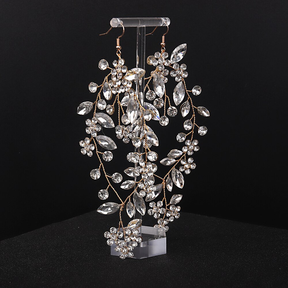 Peinados de boda, tocado de plata, joyas de diamantes de imitación para la cabeza, diadema de cristal y pendientes, conjunto de accesorios para el cabello nupcial: Gold earrings
