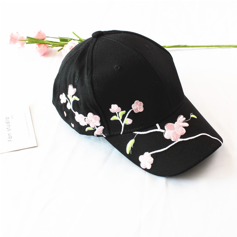 Flower Embroidery Women Baseball Caps Spring Summer Long Brim Sun Hats Female Snapback Hip Hop Cap Hat: black