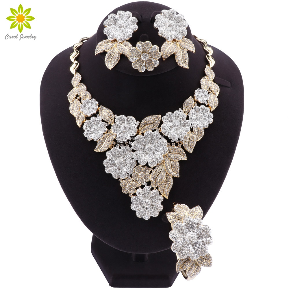 Nigérian mariage mariée africaine couleur or fleur en forme de bijoux ensemble Dubai cristal collier Bracelet boucles d'oreilles ensemble de bagues pour les femmes
