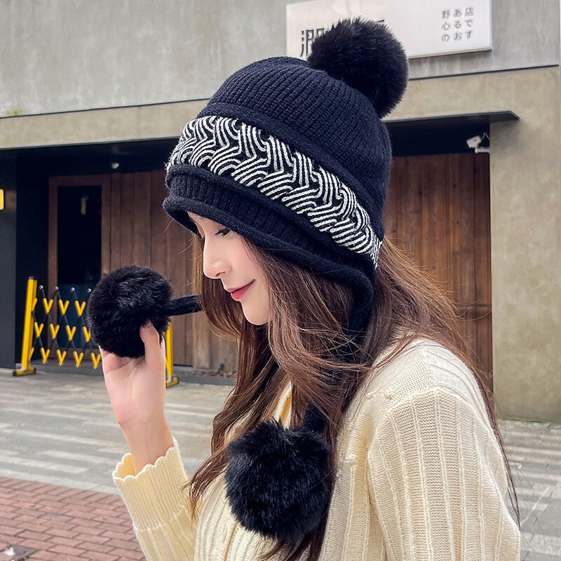 2022 Women Winter Ear Cap Ladies Woolen Hat Korean Earflap Knitted Outdoor Warm Snow Fiuffy Pompom Windproof Ski Cap: Black