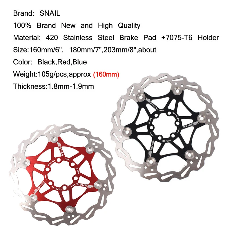 Rotor de freno de disco SNAIL para bicicleta de montaña, Rotor flotante, disipación de calor, rotor de acero inoxidable de 140/160mm, 180/203mm, accesorios para ciclismo