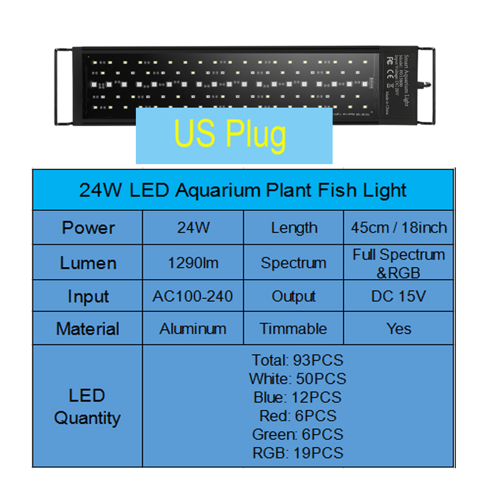 Programming Timer Aquarium Light Full Spectrum 18W-24W Moonlight Sunrise Sunset Aqua Plant Grow Led Extendable for Fish Tanks: A45cm-US Plug