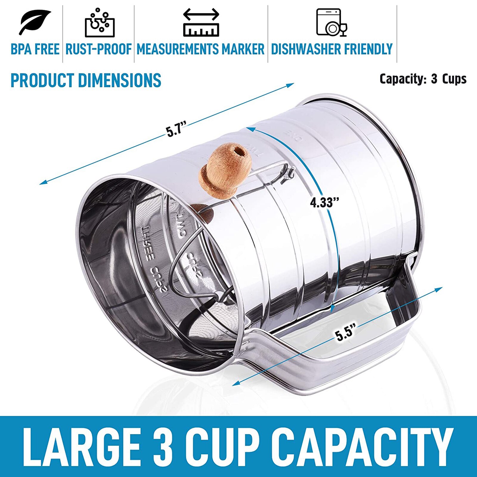 Flour Sieve Stainless Steel Hand Crank Single Layer Mesh Screen with Scale Angled Baking Tool