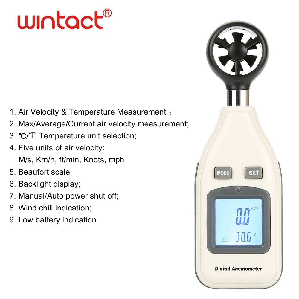 Digital Air Wind Meter Anemometer, Handheld Thermometer Tester, temperatuur En Gevoelstemperatuur Met Backlight En Max/Min