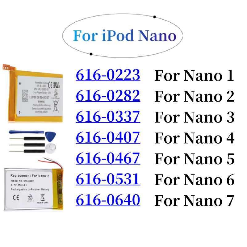 Nueva batería para iPod Nano 1 2 3 4 5 6 7 4th 5th 6th 7th 1st 2nd Gen 2Gen 3rd 3 Gen 3Gen + herramientas gratuitas