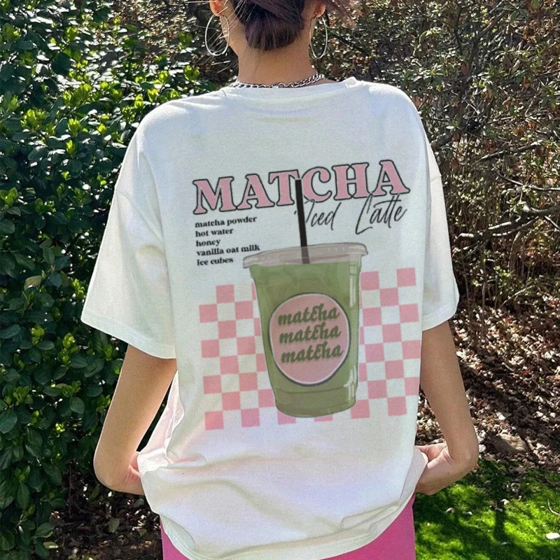 Y2k Esthétique Matcha Latte Dos Imprimé T-Shirt Mignon Matcha Amant T-Shirt Egirl Lâche Rétro Haut Femmes Vêtements De