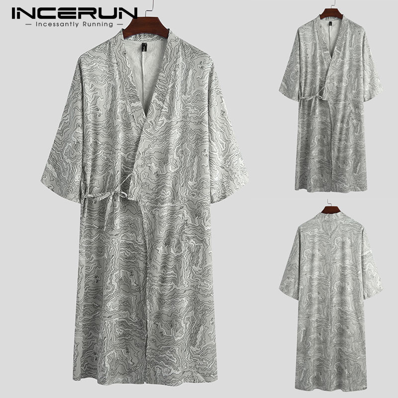 Túnicas estampadas Vintage para hombre, camisones de media manga con cuello en V y cordones, Kimono informal, ropa de noche para hombre, ropa para casa suave, albornoces de talla grande