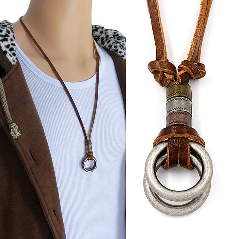 Mode Unisex Retro Lederen Koord Ketting Dubbele Annulus Cirkel Charm Hanger Gladiator Choker Punk Stijl Legering Sieraden