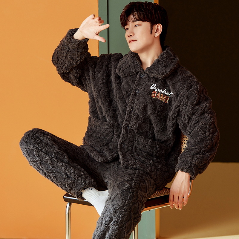 Big Size 3XL Male Pajamas Sets Flannel 2PCS Sleepwear Long Sleeve Shirt&amp;Shorts Letter Pijamas Suit Home Wear Winter Nightwear: black1 / L