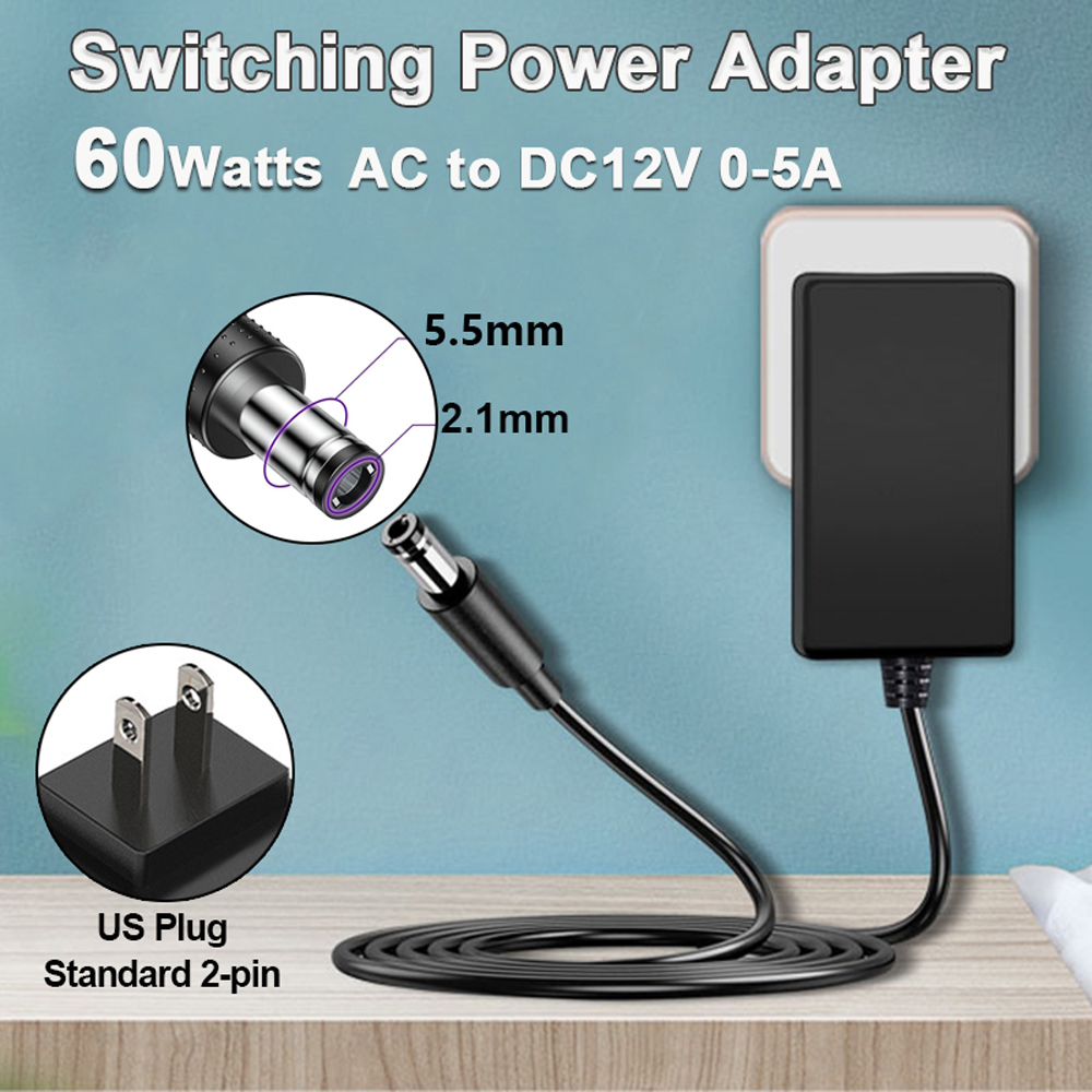 US high power adapter AC100-240V to DC12V 12W/36W/60W 1A3A/5A 5.5x2.1mm DC power plug for router LED light strips, etc.