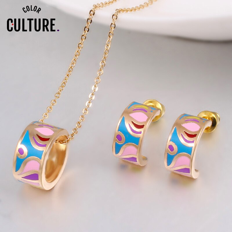 Werbeaktionen Neue oben Kleine Frauen Emaille Schmuck setzt Elegante Gefüllt Farbe Schmuck (Halskette, Ohrring)