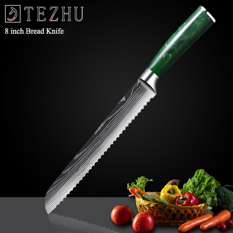 Professionele Keuken Messen Set Japanse High Carbon Staal Chef Messen Imitatie Damascus Patroon Slicer Santokumes Set: bread knife
