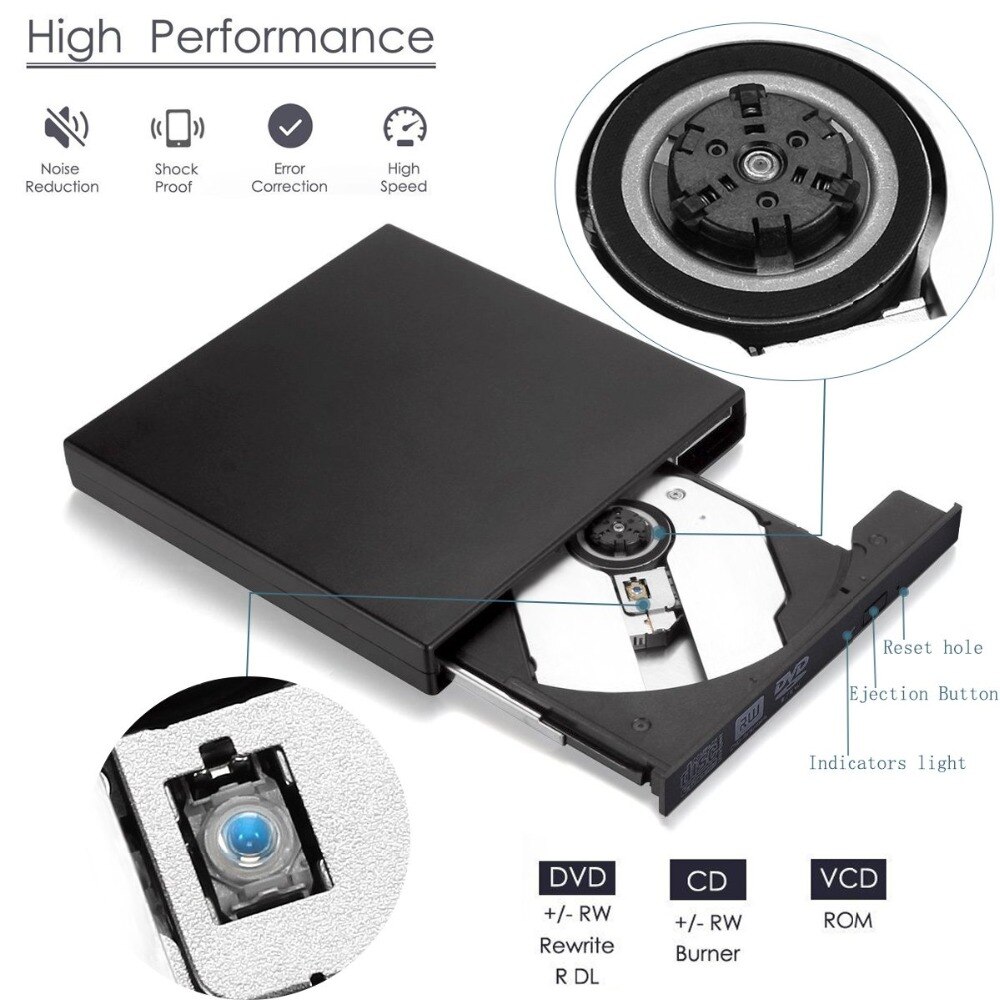 External USB DVD Drive for Toshiba Acer Lenovo Laptop PC Win XP/7/8/10 Super Multi 8X DVD RW 24X CD Burner Optical Drive Black